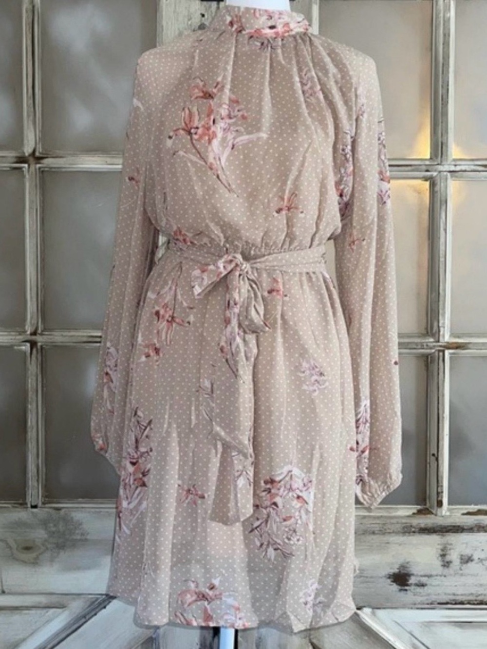Sadie & Sage Floral Polka Dot Mock Neck Belted Dress Size Small NWT